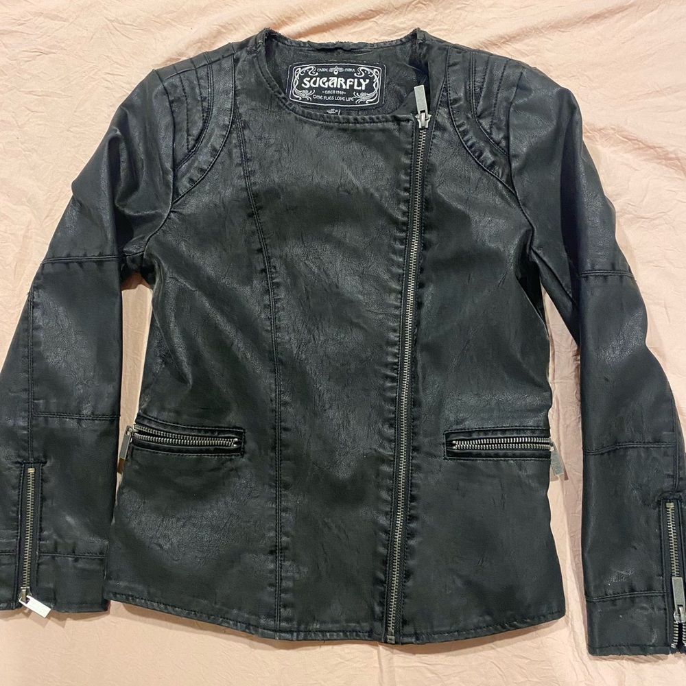Vintage Sugarfly Distressed Collarless Faux Leather Jacet